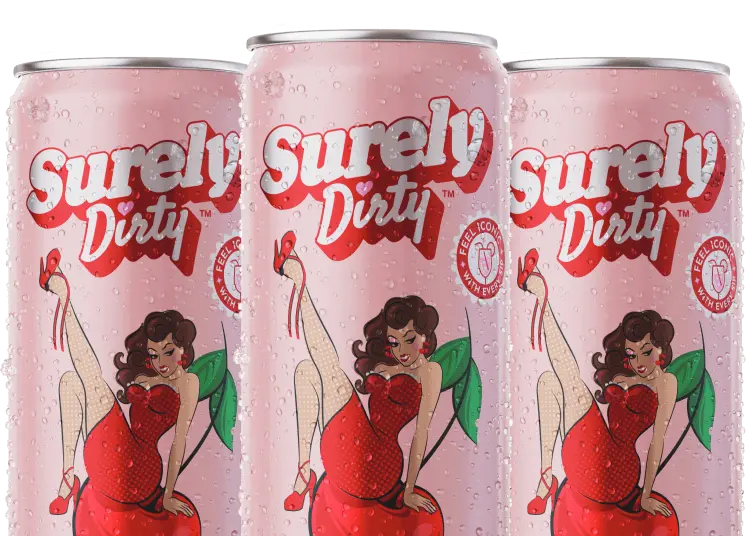 Three Surely Dirty cherry drink cans.